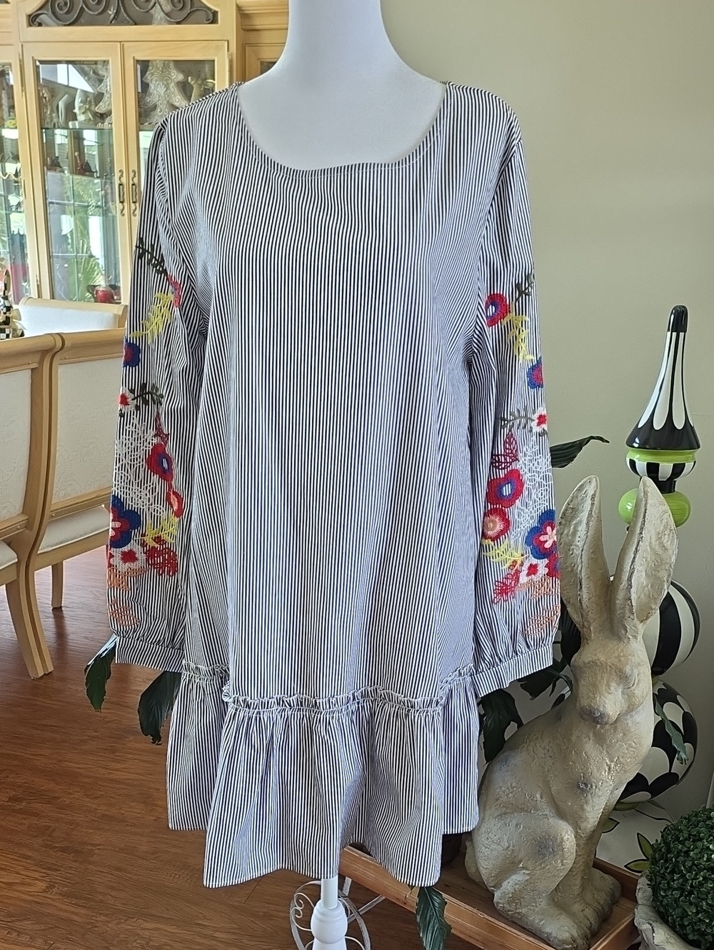 JODIFL Striped White Tunic Dress with Colorful Floral Sleeve Embroidery